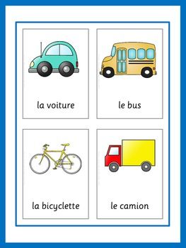 Flashcard en français présentant une flashcard sur la voiture, une flashcard sur le bus, une flashcard sur la bicyclette et une dernière flashcard sur le camion.